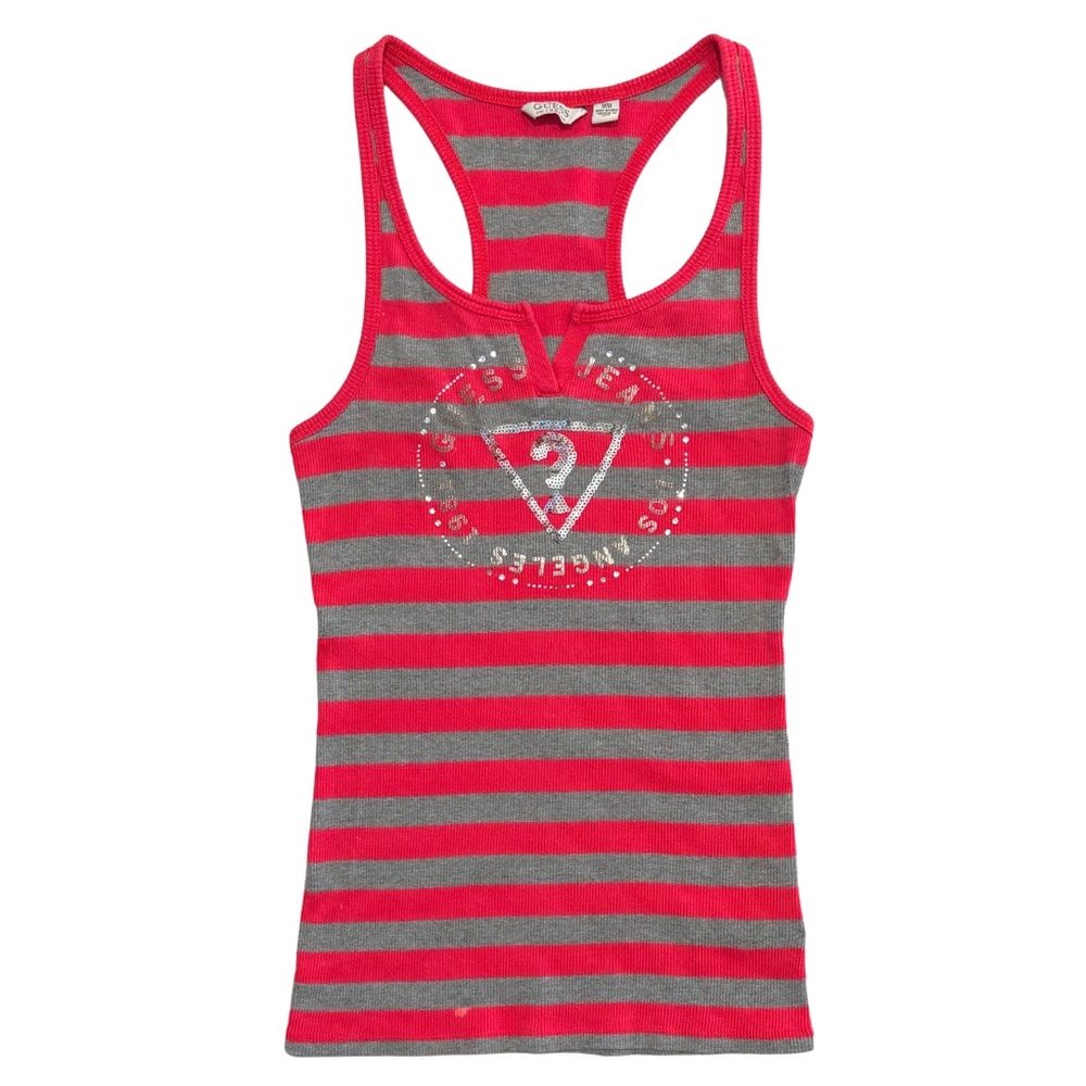 Y2K Rhinestone Tank Top Racerback Guess Logo Striped Red Gray Size Medium